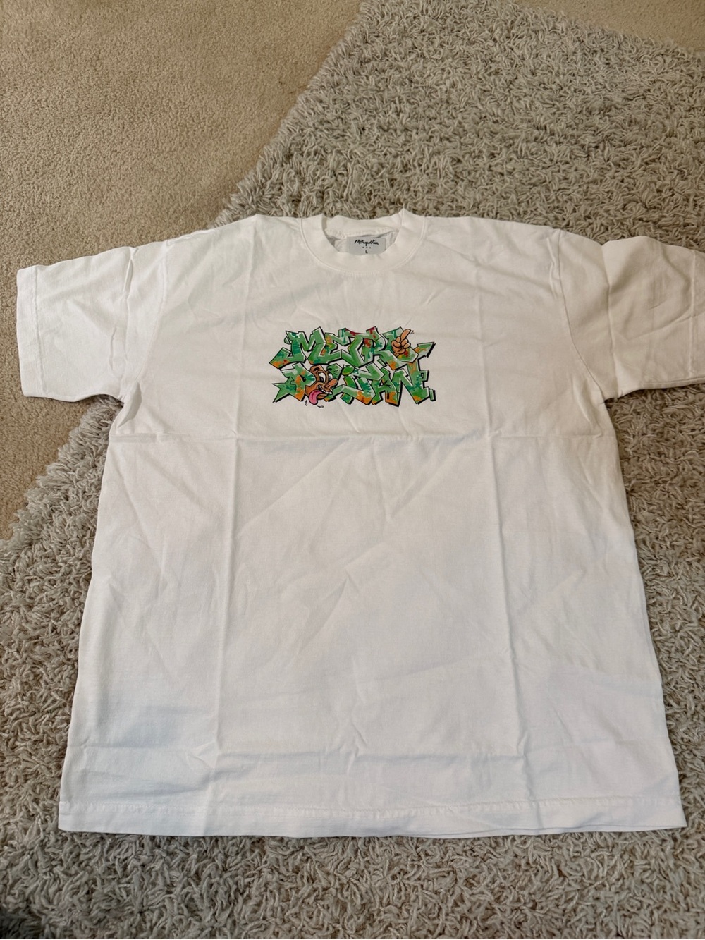 White Short-Sleeve Tee with Green Graffiti Graphic